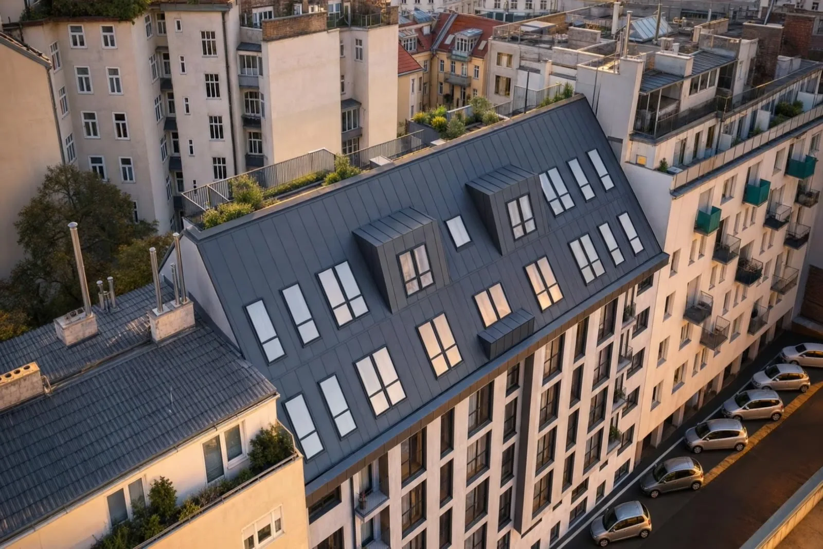 Fleischmanngasse 6, 1040 Wien — Luftaufnahme zur goldenen Stunde